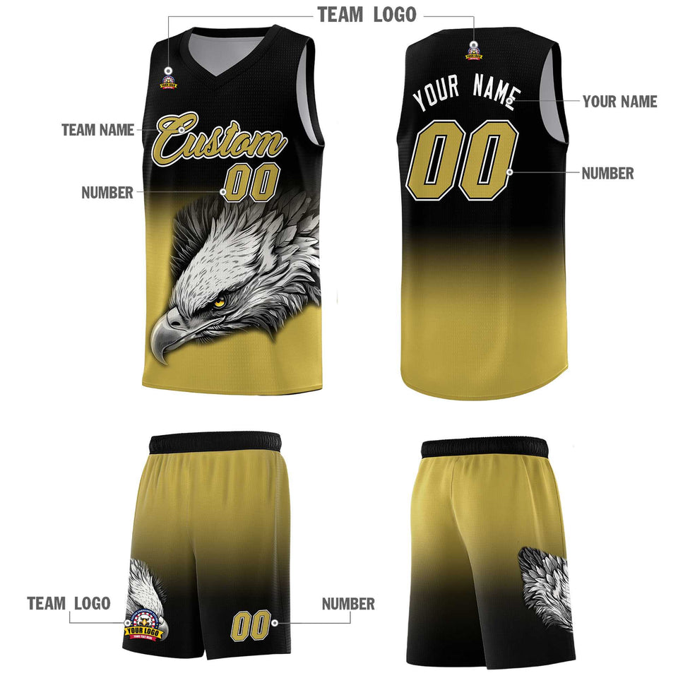 Custom Black Old Gold Eagle Pattern Graffiti Pattern Sports Uniform Basketball Jersey