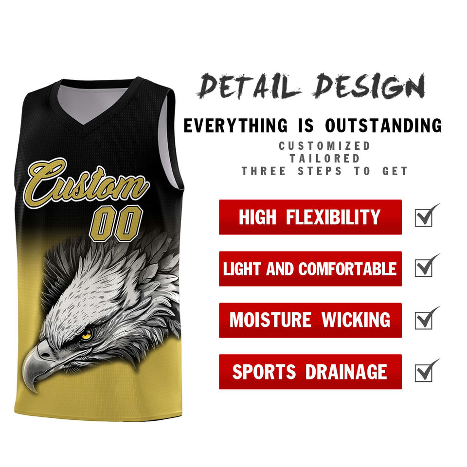 Custom Black Old Gold Eagle Pattern Graffiti Pattern Sports Uniform Basketball Jersey
