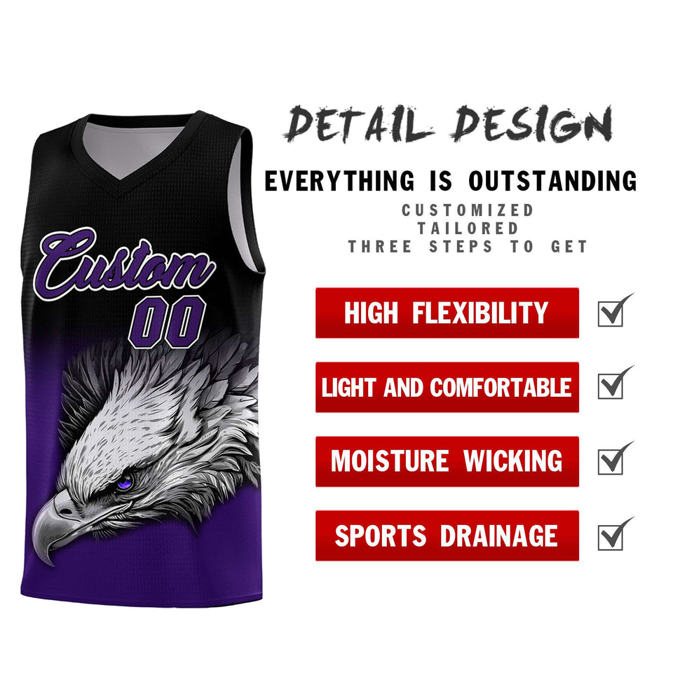 Custom Black Purple Eagle Pattern Graffiti Pattern Sports Uniform Basketball Jersey