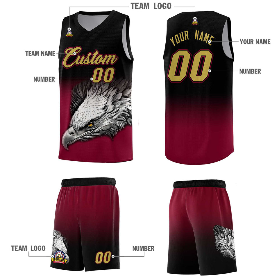 Custom Black Crimson Eagle Pattern Graffiti Pattern Sports Uniform Basketball Jersey