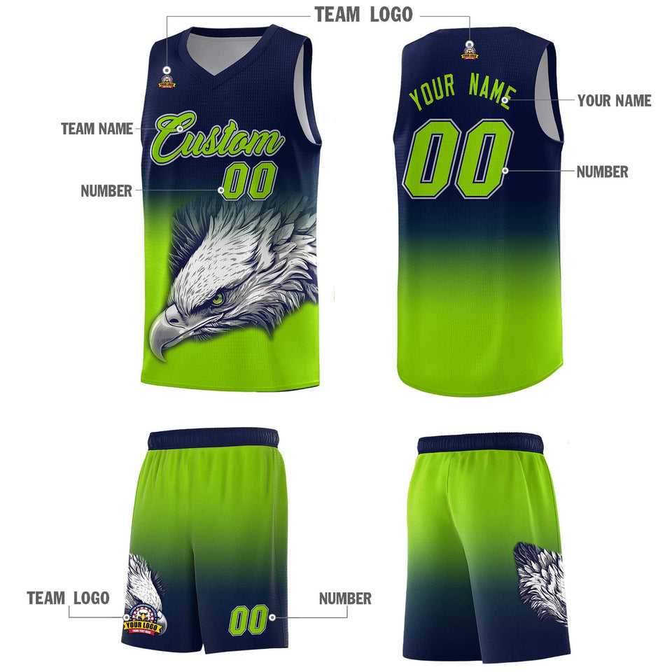 Custom Navy Neon Green Eagle Pattern Graffiti Pattern Sports Uniform Basketball Jersey