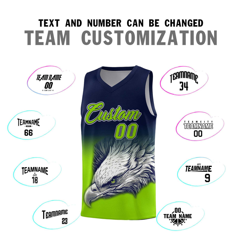 Custom Navy Neon Green Eagle Pattern Graffiti Pattern Sports Uniform Basketball Jersey