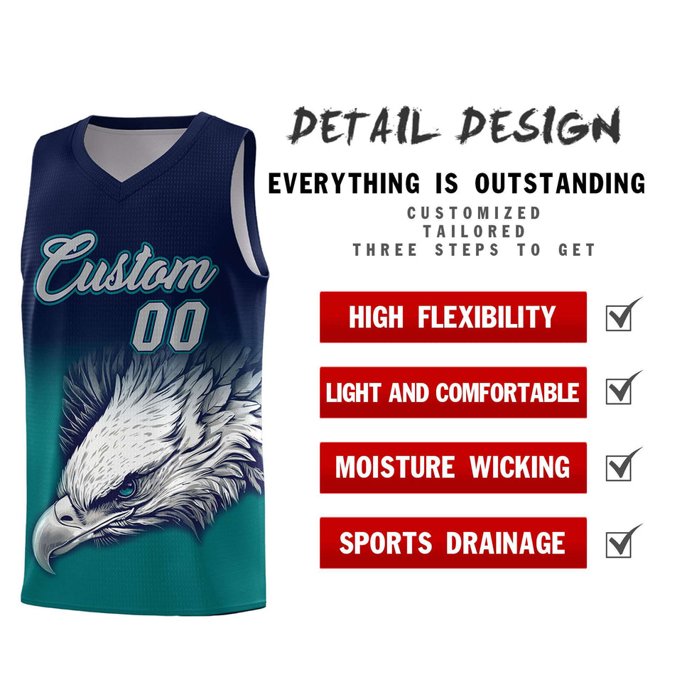 Custom Navy Teal Eagle Pattern Graffiti Pattern Sports Uniform Basketball Jersey