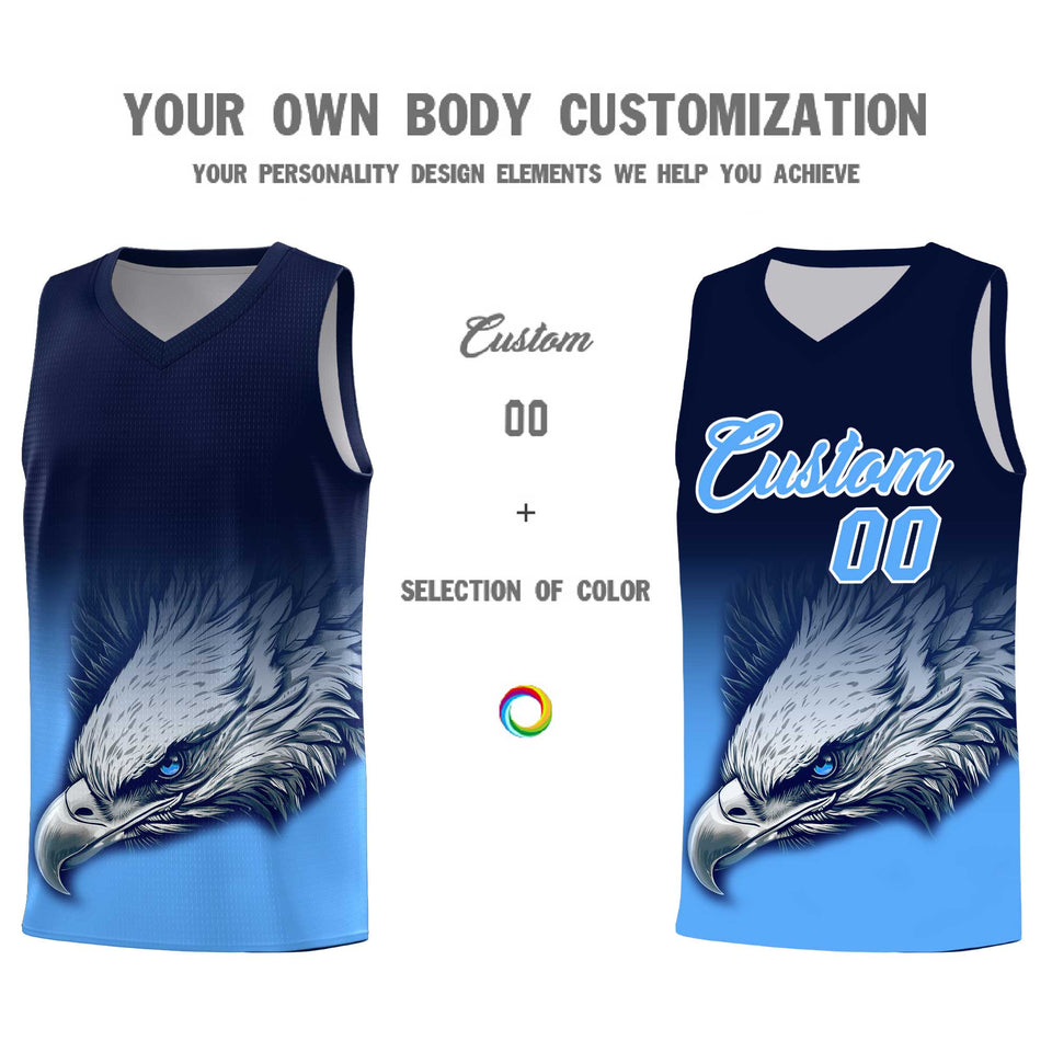 Custom Navy Powder Blue Eagle Pattern Graffiti Pattern Sports Uniform Basketball Jersey
