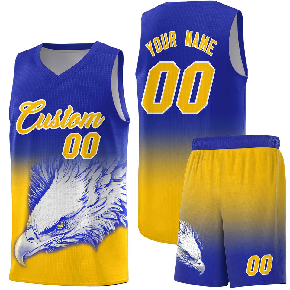 Custom Royal Yellow Eagle Pattern Graffiti Pattern Sports Uniform Basketball Jersey