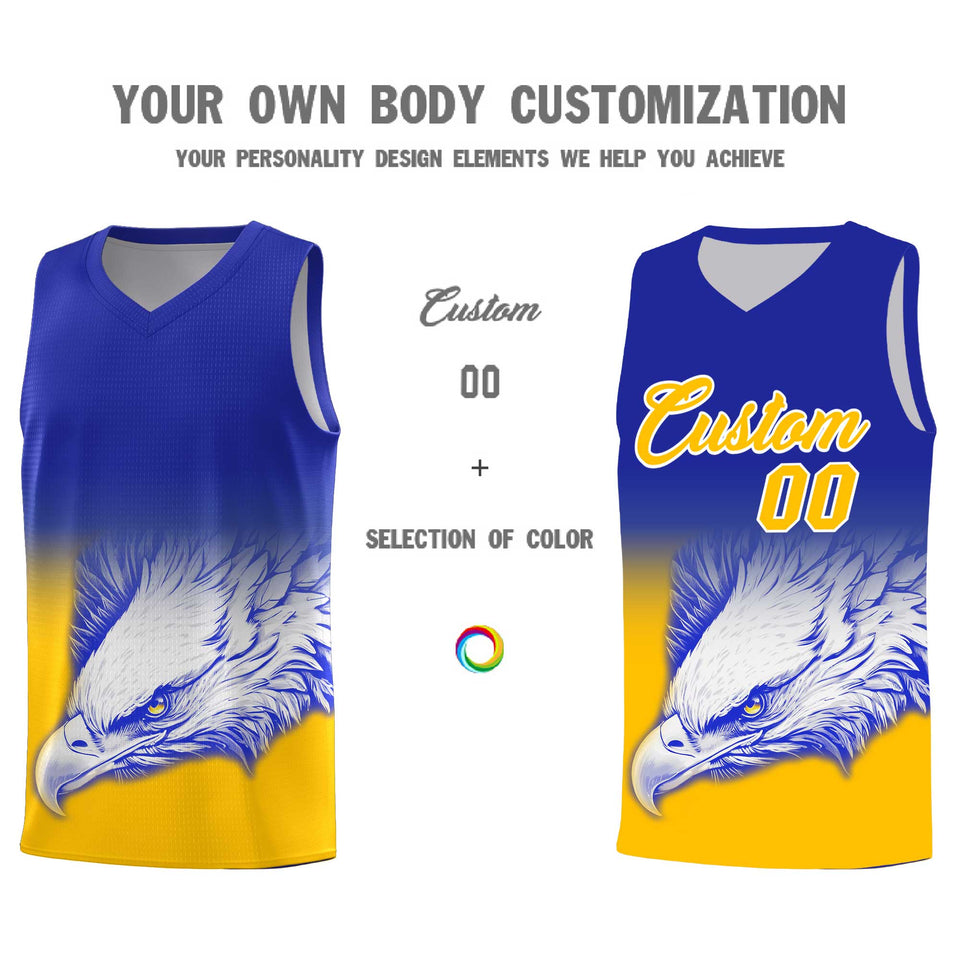 Custom Royal Yellow Eagle Pattern Graffiti Pattern Sports Uniform Basketball Jersey