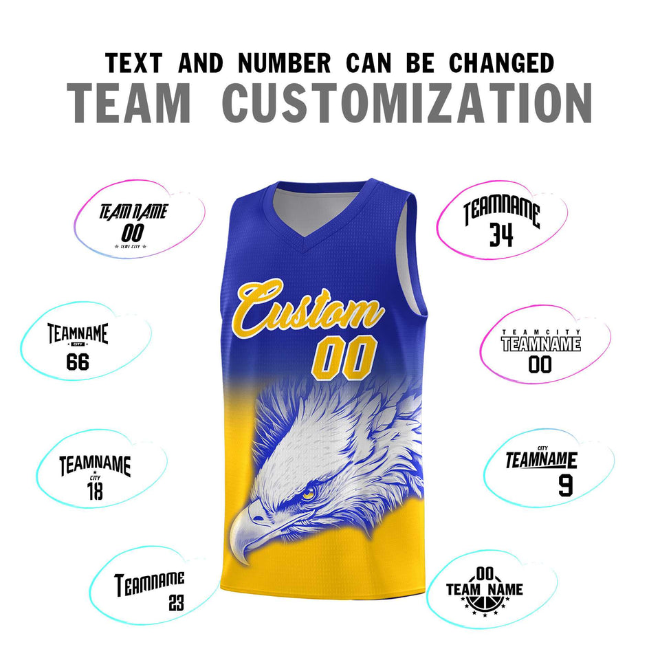 Custom Royal Yellow Eagle Pattern Graffiti Pattern Sports Uniform Basketball Jersey