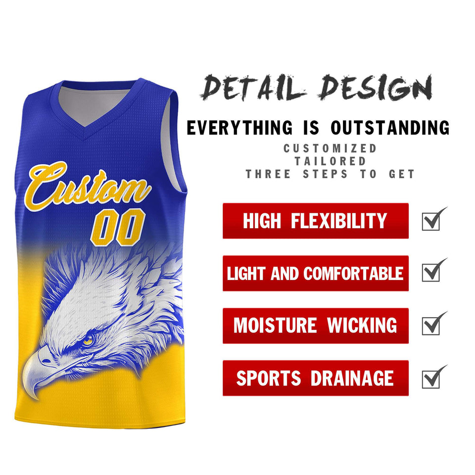 Custom Royal Yellow Eagle Pattern Graffiti Pattern Sports Uniform Basketball Jersey