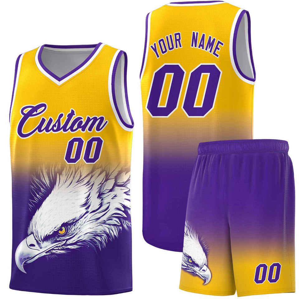 Custom Yellow Purple Eagle Pattern Graffiti Pattern Sports Uniform Basketball Jersey