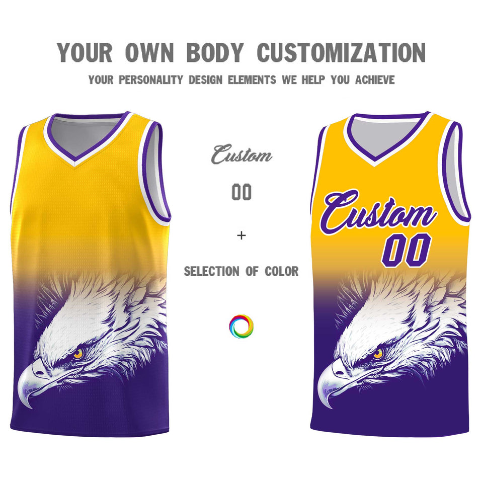 Custom Yellow Purple Eagle Pattern Graffiti Pattern Sports Uniform Basketball Jersey