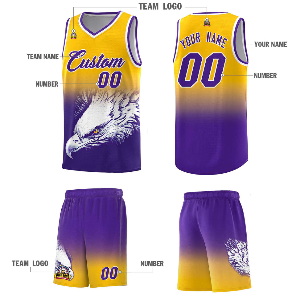 Custom Yellow Purple Eagle Pattern Graffiti Pattern Sports Uniform Basketball Jersey