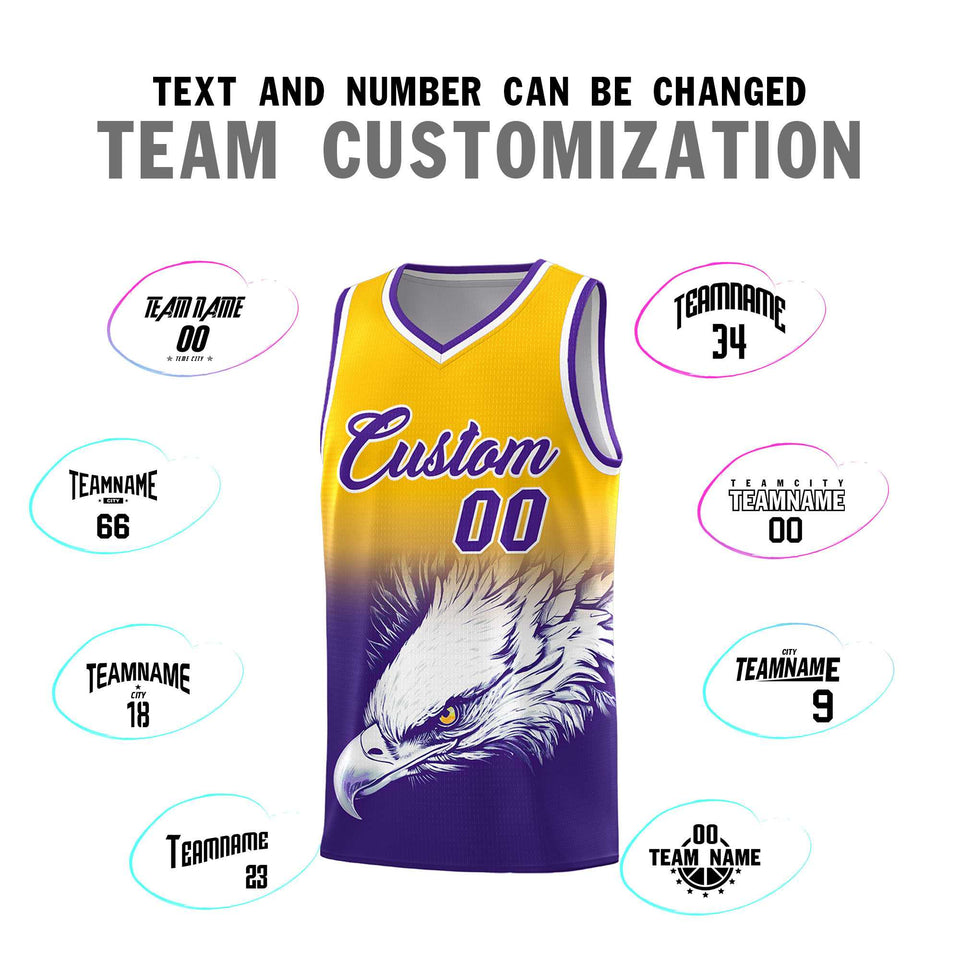 Custom Yellow Purple Eagle Pattern Graffiti Pattern Sports Uniform Basketball Jersey