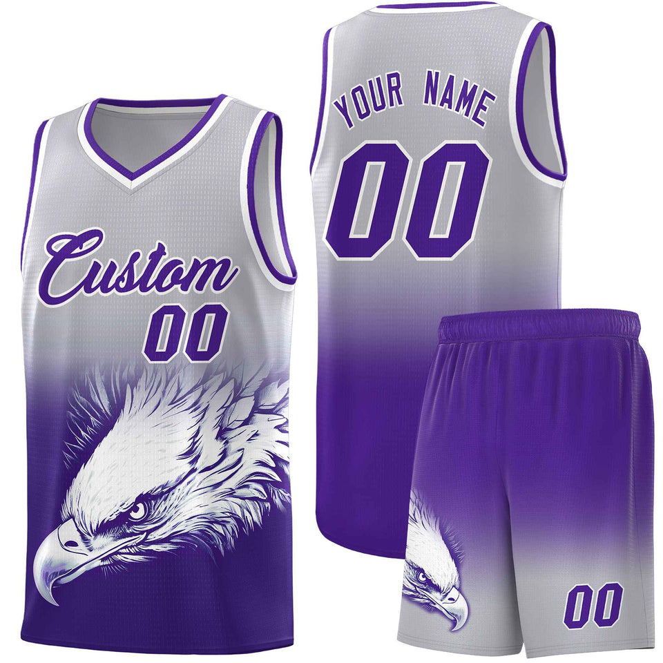 Custom Gray Purple Eagle Pattern Graffiti Pattern Sports Uniform Basketball Jersey