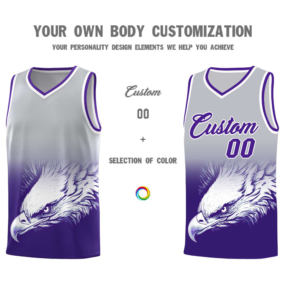 Custom Gray Purple Eagle Pattern Graffiti Pattern Sports Uniform Basketball Jersey