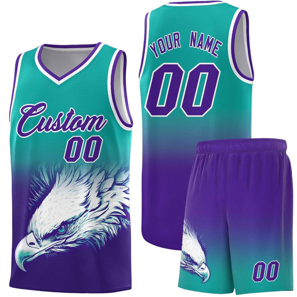 Custom Aqua Purple Eagle Pattern Graffiti Pattern Sports Uniform Basketball Jersey