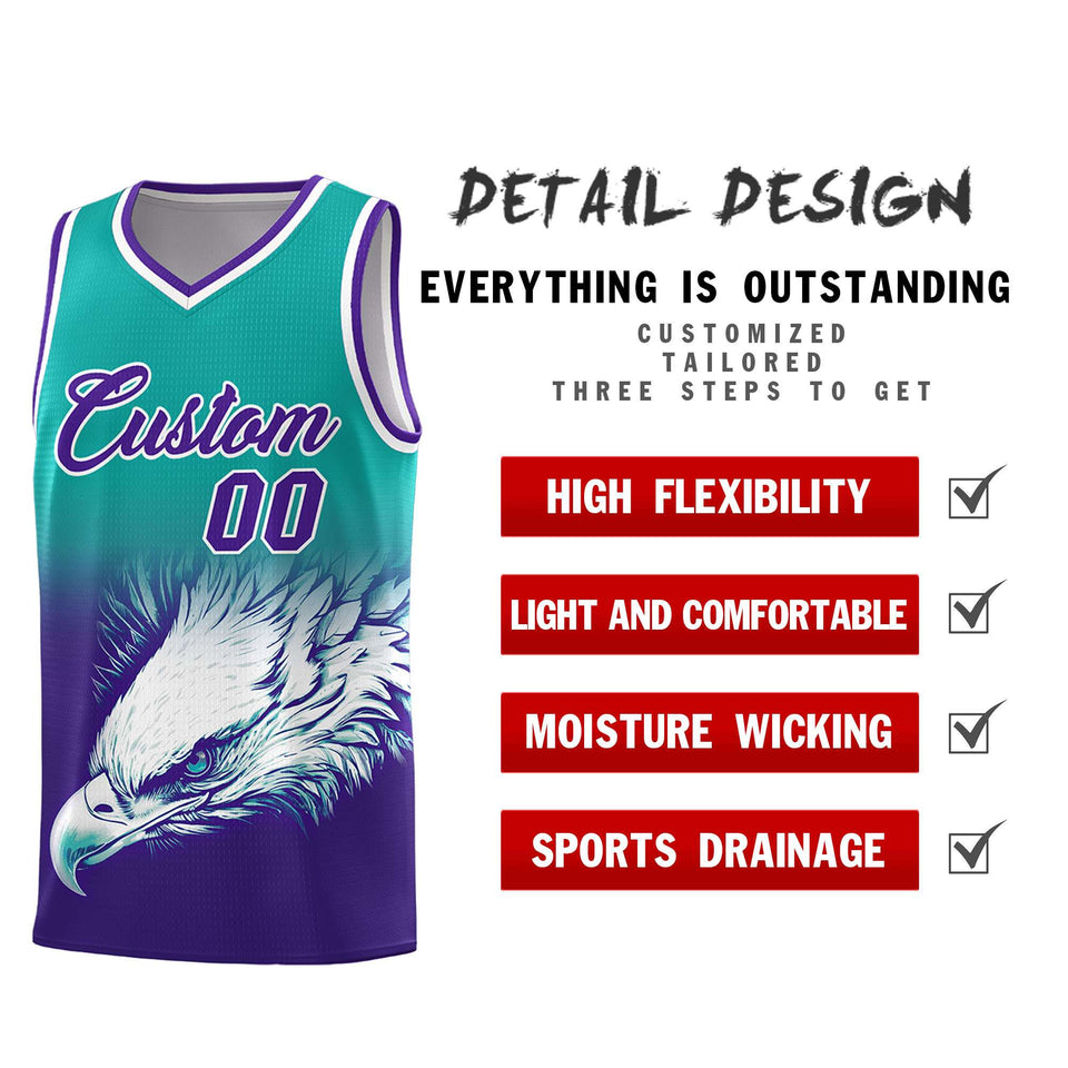 Custom Aqua Purple Eagle Pattern Graffiti Pattern Sports Uniform Basketball Jersey