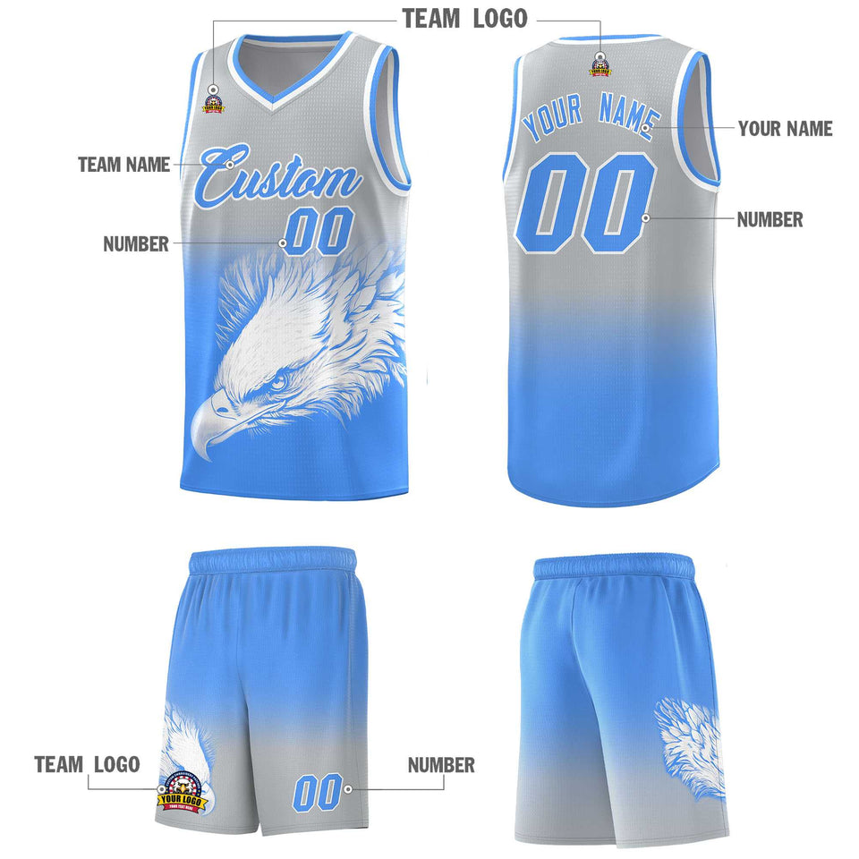 Custom Gray Powder Blue Eagle Pattern Graffiti Pattern Sports Uniform Basketball Jersey