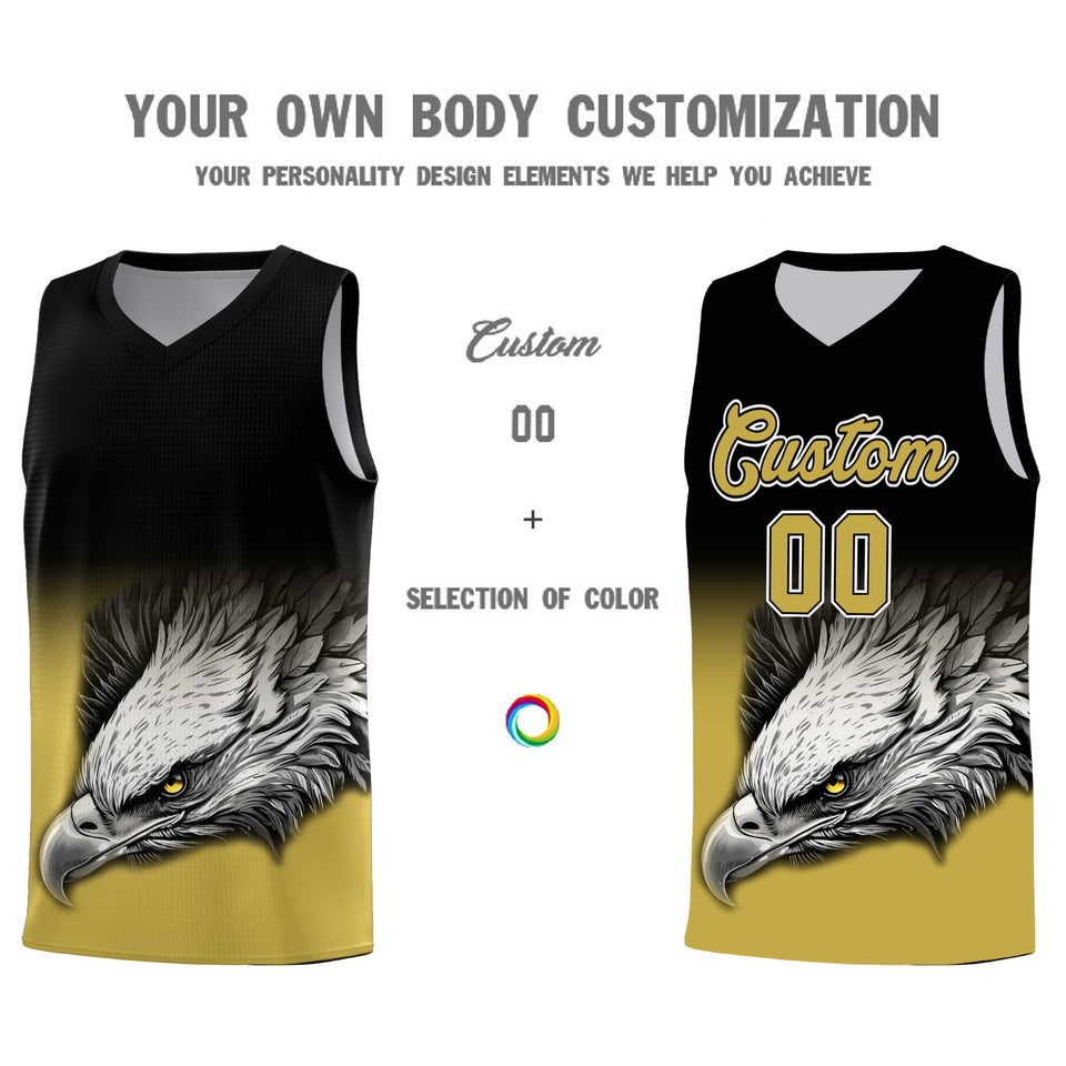 Custom Black Old Gold Eagle Pattern Graffiti Pattern Sports Uniform Basketball Jersey