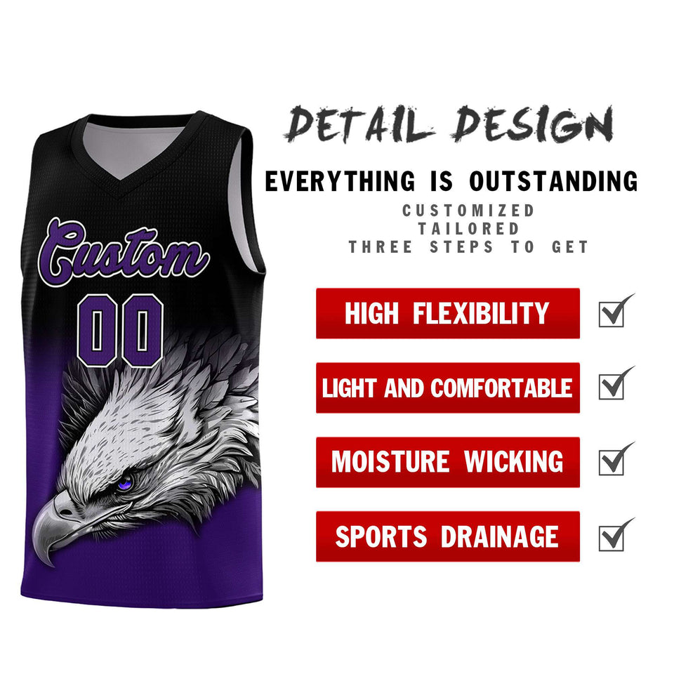 Custom Black Purple Eagle Pattern Graffiti Pattern Sports Uniform Basketball Jersey