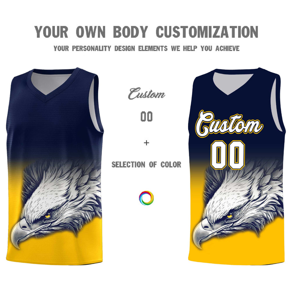 Custom Navy Yellow Eagle Pattern Graffiti Pattern Sports Uniform Basketball Jersey