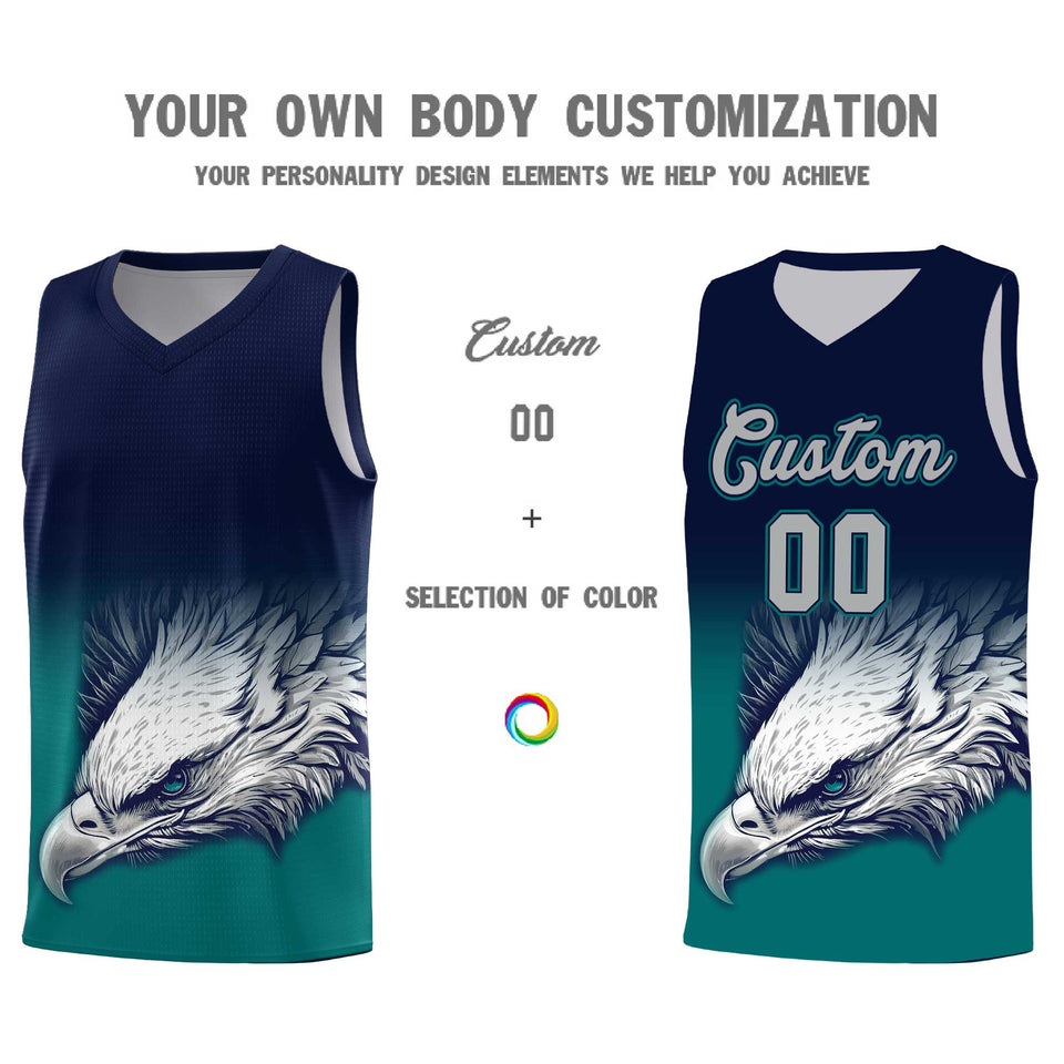 Custom Navy Teal Eagle Pattern Graffiti Pattern Sports Uniform Basketball Jersey
