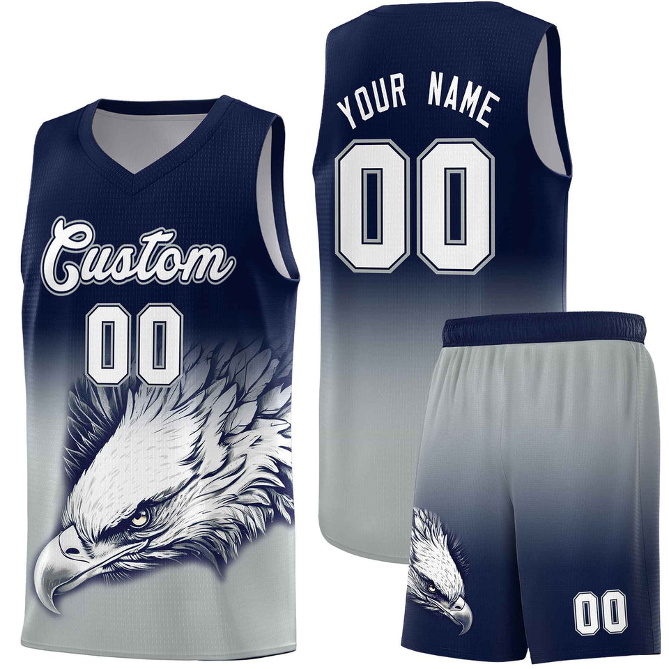Custom Navy Gray Eagle Pattern Graffiti Pattern Sports Uniform Basketball Jersey