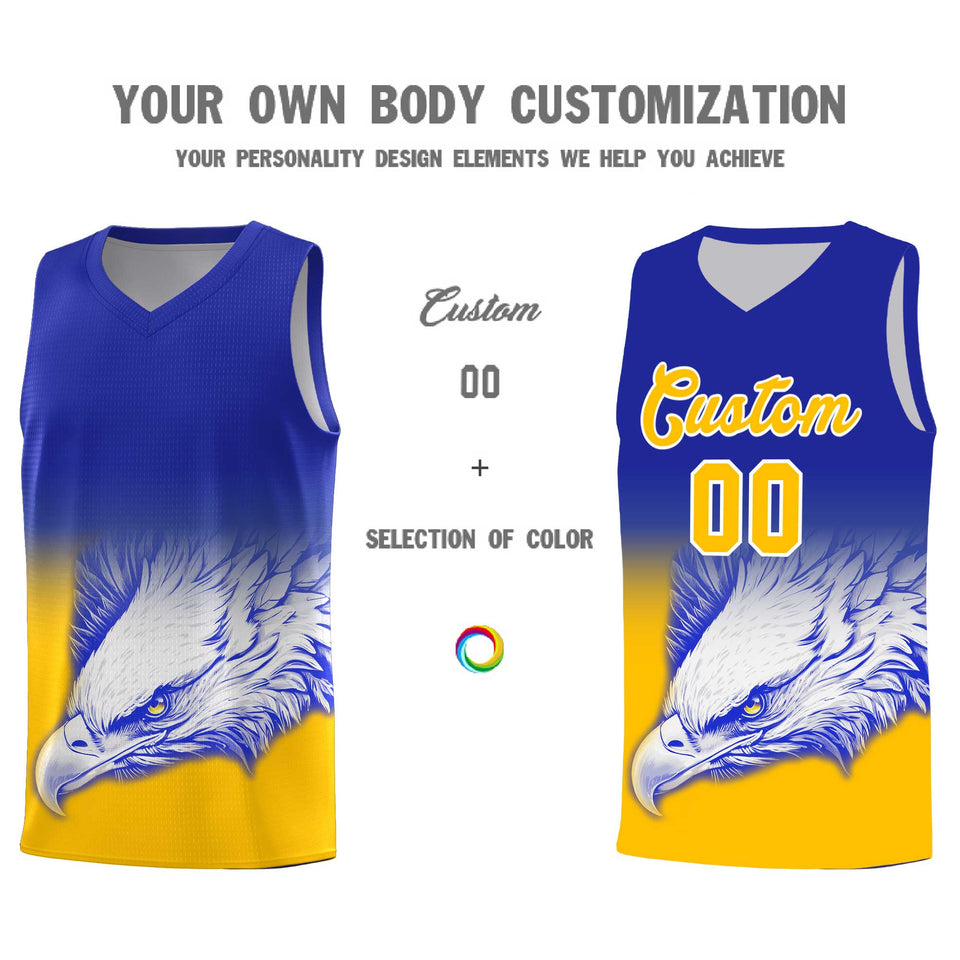 Custom Royal Yellow Eagle Pattern Graffiti Pattern Sports Uniform Basketball Jersey