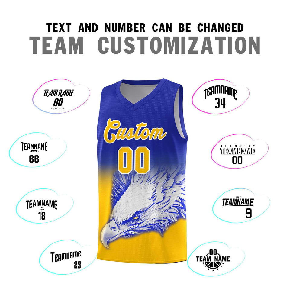 Custom Royal Yellow Eagle Pattern Graffiti Pattern Sports Uniform Basketball Jersey