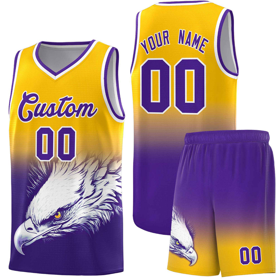 Custom Yellow Purple Eagle Pattern Graffiti Pattern Sports Uniform Basketball Jersey