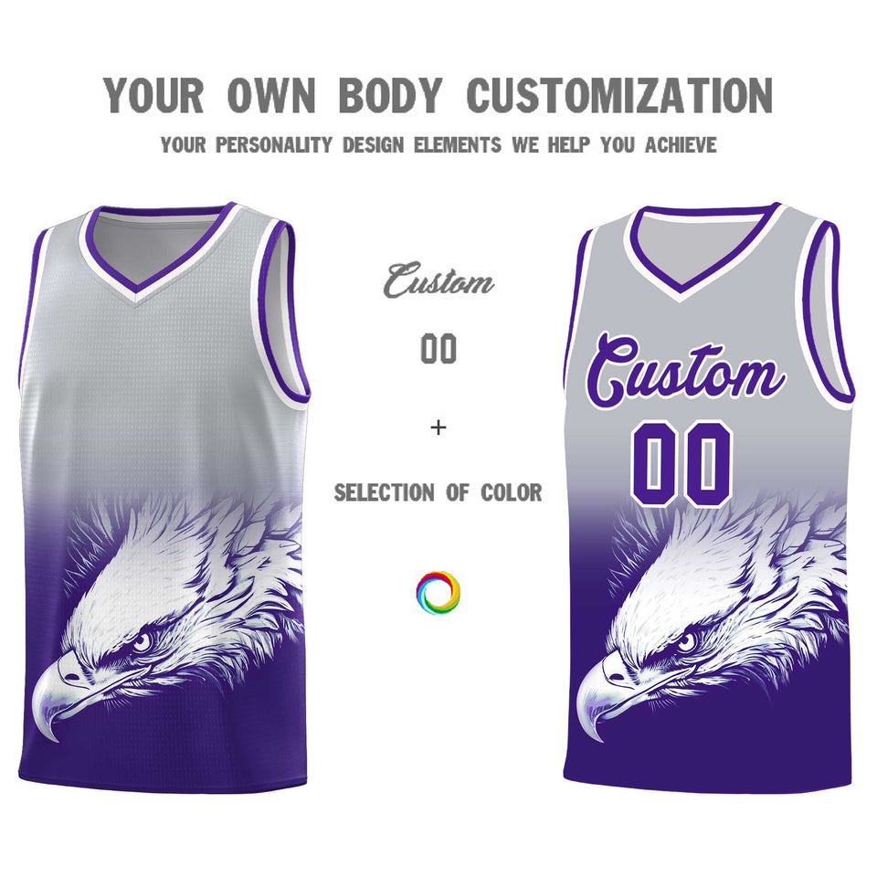 Custom Gray Purple Eagle Pattern Graffiti Pattern Sports Uniform Basketball Jersey