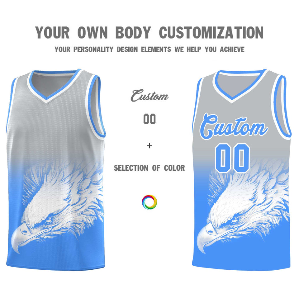 Custom Gray Powder Blue Eagle Pattern Graffiti Pattern Sports Uniform Basketball Jersey