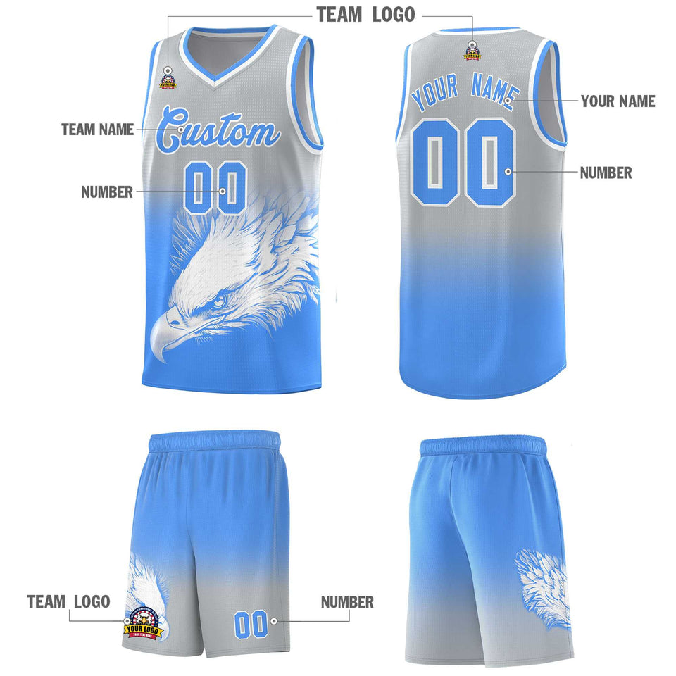 Custom Gray Powder Blue Eagle Pattern Graffiti Pattern Sports Uniform Basketball Jersey