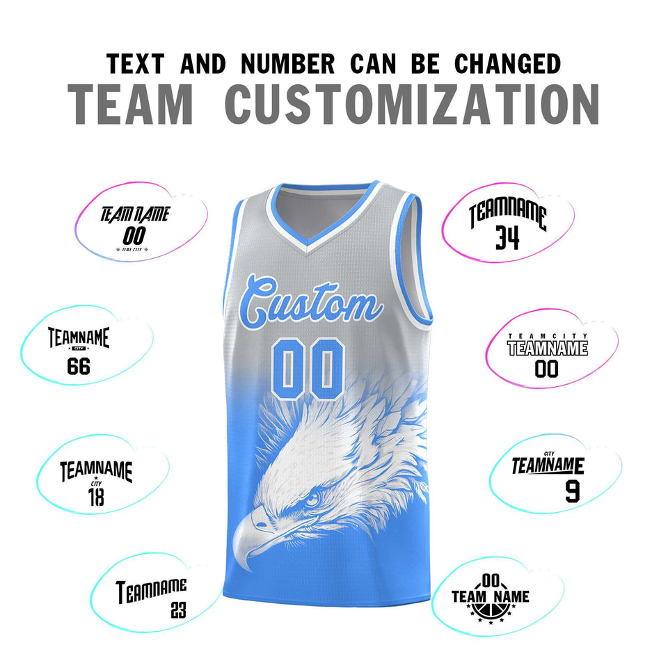 Custom Gray Powder Blue Eagle Pattern Graffiti Pattern Sports Uniform Basketball Jersey