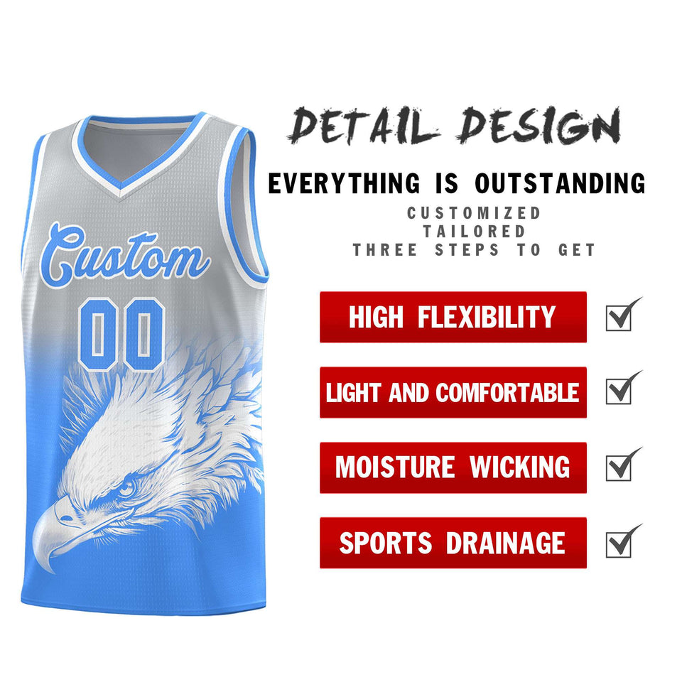 Custom Gray Powder Blue Eagle Pattern Graffiti Pattern Sports Uniform Basketball Jersey