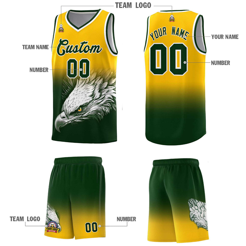 Custom Yellow Green Eagle Pattern Graffiti Pattern Sports Uniform Basketball Jersey
