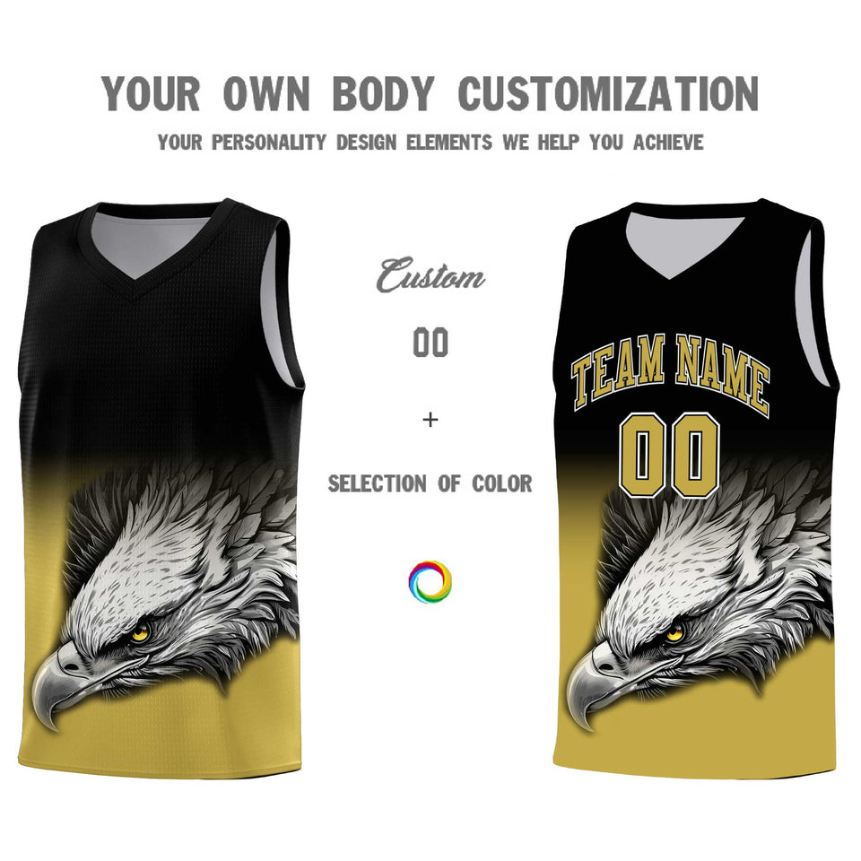 Custom Black Old Gold Eagle Pattern Graffiti Pattern Sports Uniform Basketball Jersey