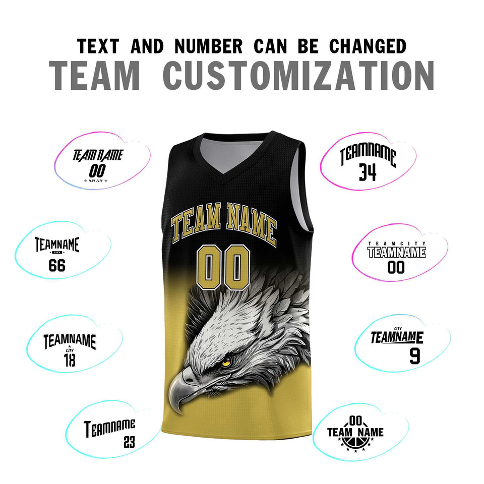 Custom Black Old Gold Eagle Pattern Graffiti Pattern Sports Uniform Basketball Jersey