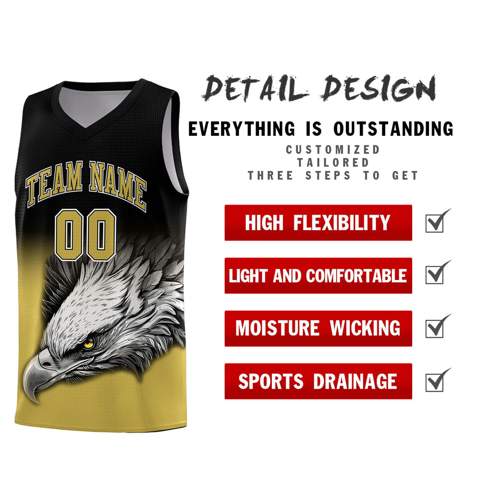 Custom Black Old Gold Eagle Pattern Graffiti Pattern Sports Uniform Basketball Jersey