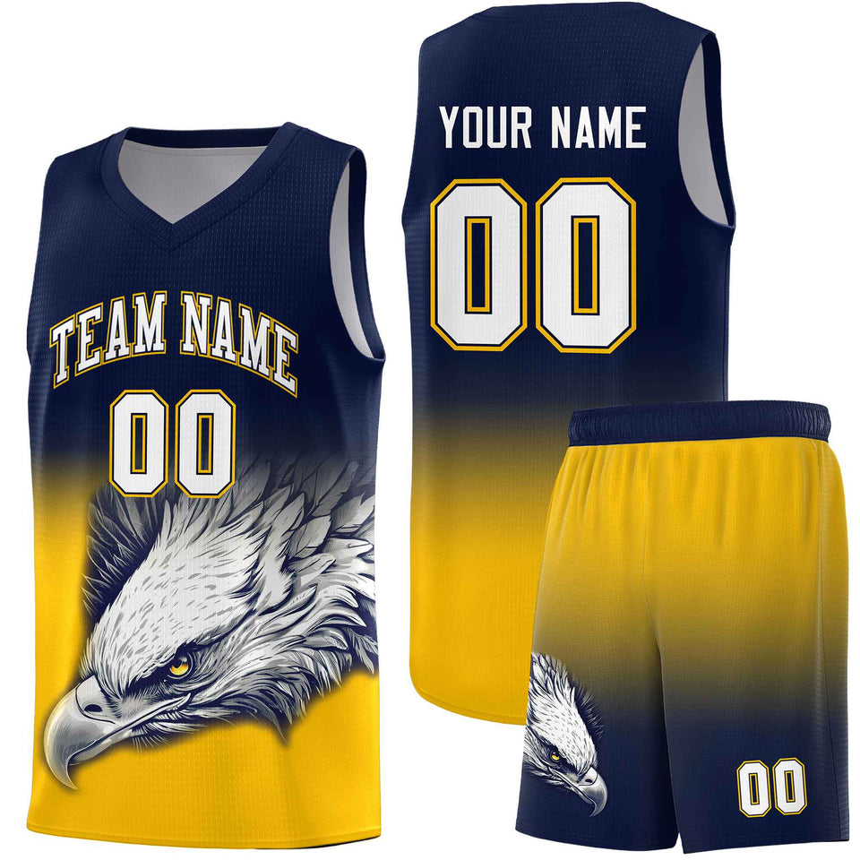 Custom Navy Yellow Eagle Pattern Graffiti Pattern Sports Uniform Basketball Jersey