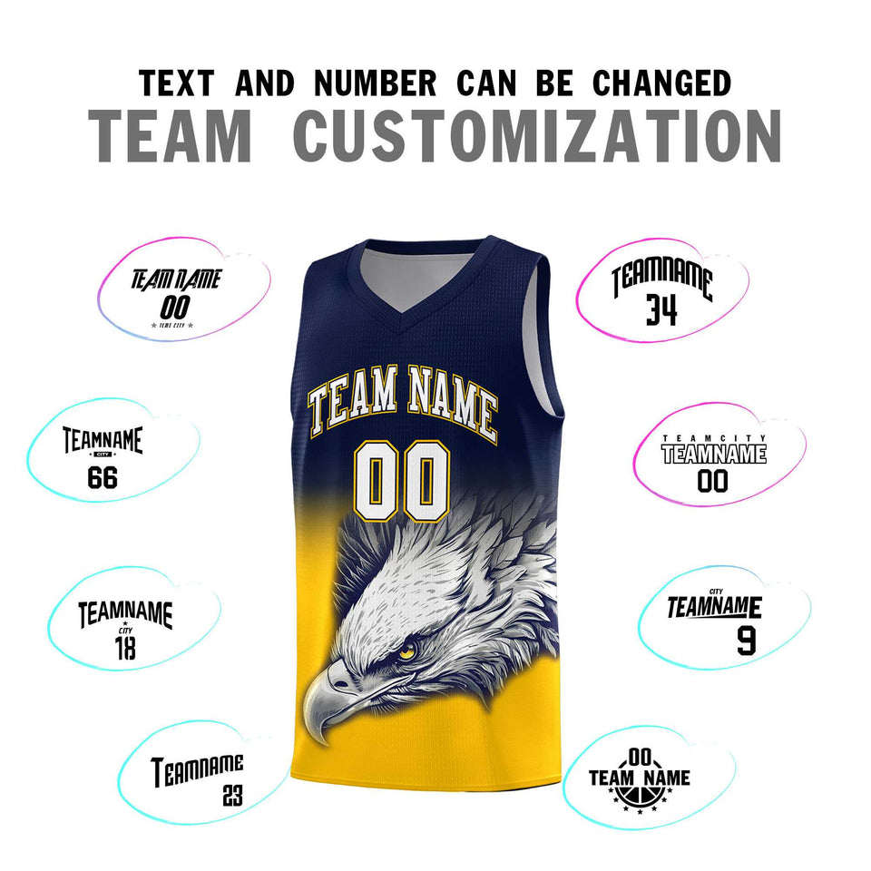 Custom Navy Yellow Eagle Pattern Graffiti Pattern Sports Uniform Basketball Jersey
