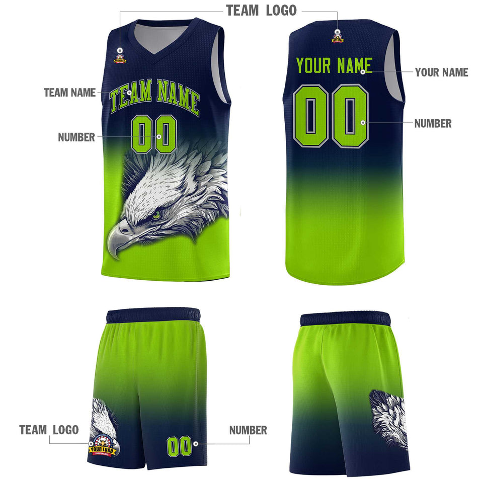 Custom Navy Neon Green Eagle Pattern Graffiti Pattern Sports Uniform Basketball Jersey