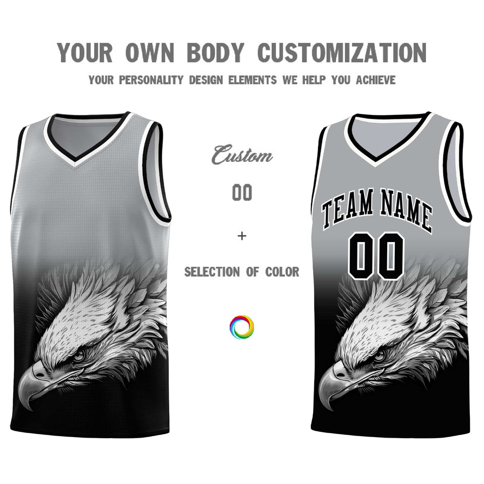 Custom Gray Black Eagle Pattern Graffiti Pattern Sports Uniform Basketball Jersey