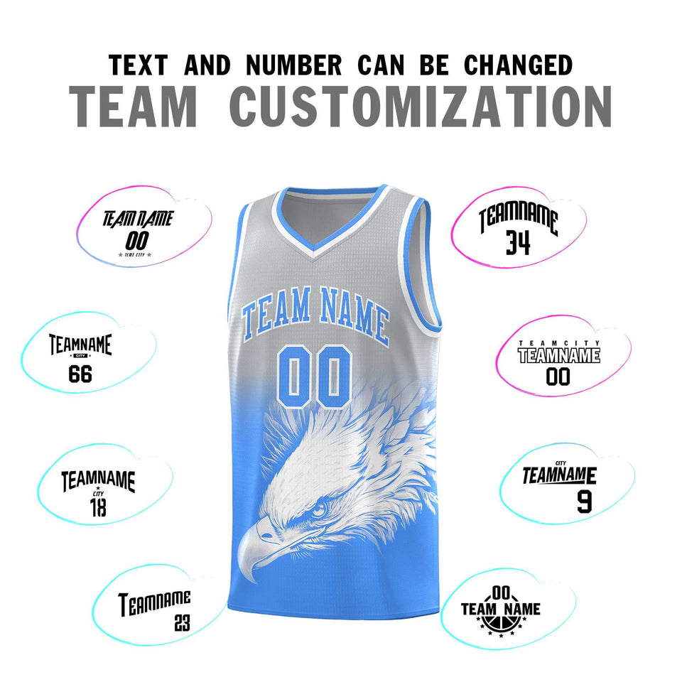 Custom Gray Powder Blue Eagle Pattern Graffiti Pattern Sports Uniform Basketball Jersey