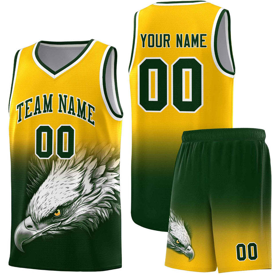 Custom Yellow Green Eagle Pattern Graffiti Pattern Sports Uniform Basketball Jersey