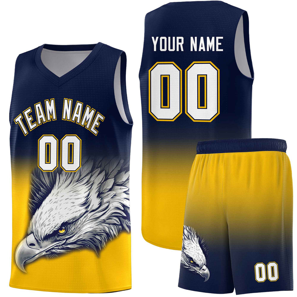 Custom Navy Yellow Eagle Pattern Graffiti Pattern Sports Uniform Basketball Jersey