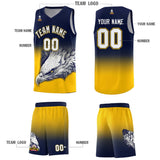 Custom Navy Yellow Eagle Pattern Graffiti Pattern Sports Uniform Basketball Jersey