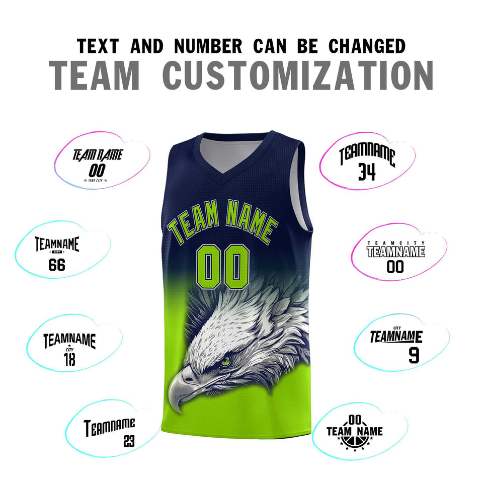 Custom Navy Neon Green Eagle Pattern Graffiti Pattern Sports Uniform Basketball Jersey