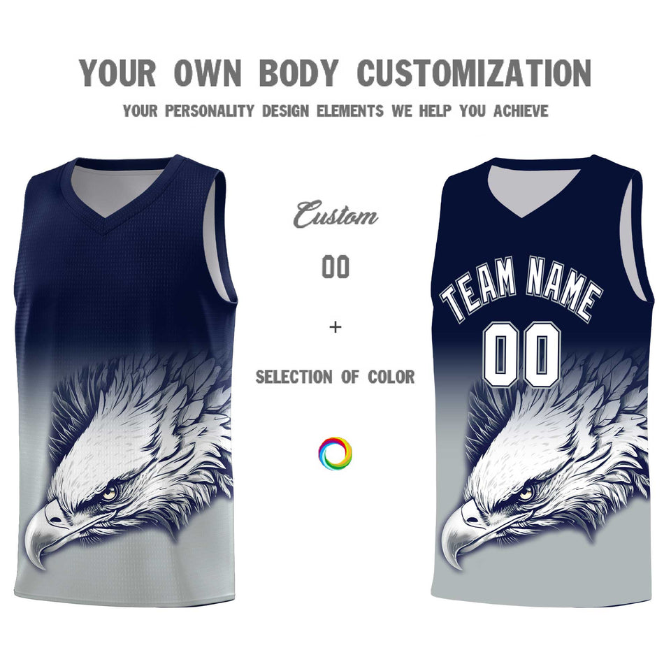 Custom Navy Gray Eagle Pattern Graffiti Pattern Sports Uniform Basketball Jersey