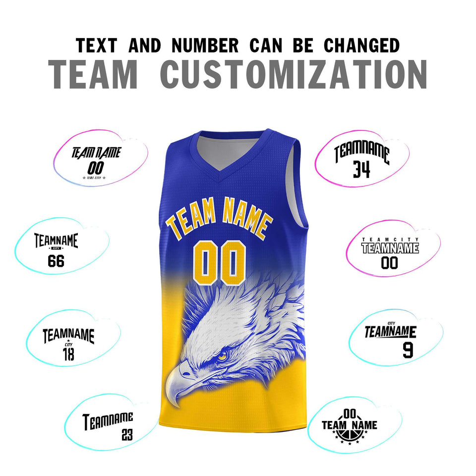 Custom Royal Yellow Eagle Pattern Graffiti Pattern Sports Uniform Basketball Jersey