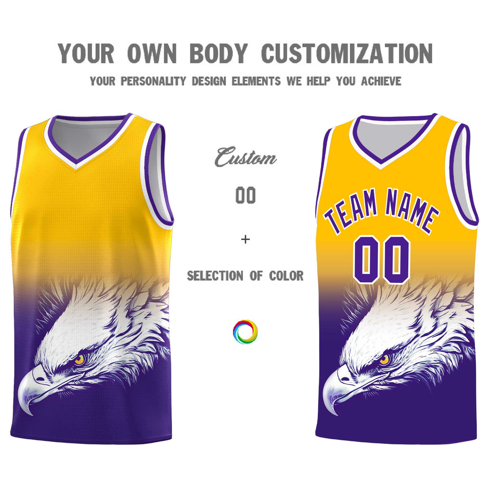 Custom Yellow Purple Eagle Pattern Graffiti Pattern Sports Uniform Basketball Jersey